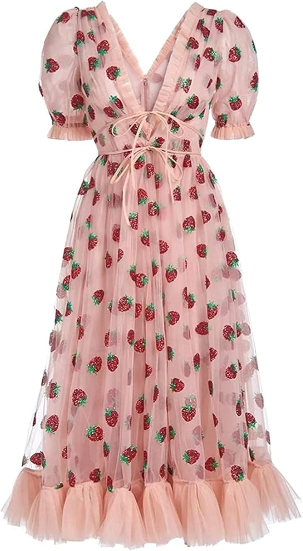 Women Embroidered Sequin Strawberry Cocktail Dresses Plunge V Neck Lace Up Pleated Mesh Midi Part... | Amazon (US)
