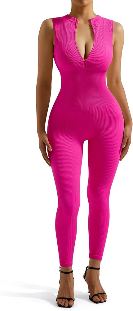 SUUKSESS Women Ribbed Seamless One Piece Jumpsuits Zip Up Sexy Bodycon Romper | Amazon (US)