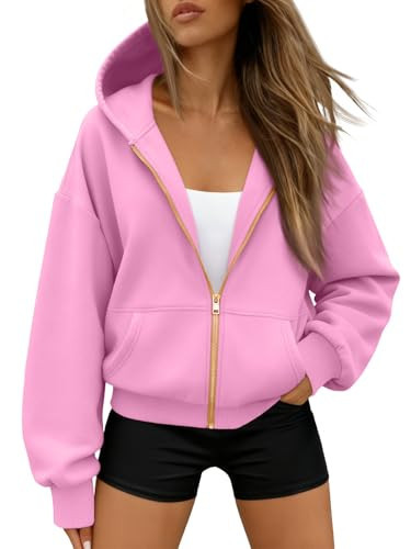 Trendy Queen Womens Zip Up Hoodies Fall Fashion Sweatshirt 2026 Clothes Y2K Cropped Jackets Cute Winter Outfits Pink L | Amazon (US)