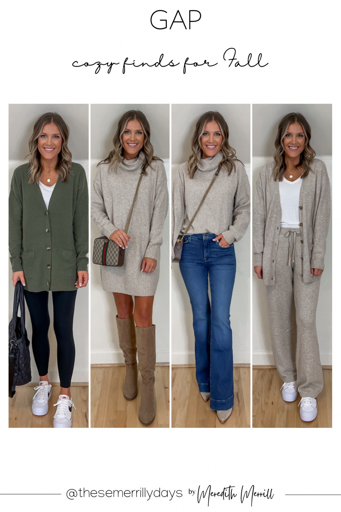 COZY FINDS FOR FALL AT GAP 

green cardigan- S
leggings- S short 
white layering tunic- S 
sweater dress- XS 
turtleneck sweater- S TALL
flare jeans- 0/25 regular 
Sweater pants- XS (go down one size) 
oatmeal cardigan- S
white tee- S 


#LTKSeasonal #LTKsalealert #LTKunder100