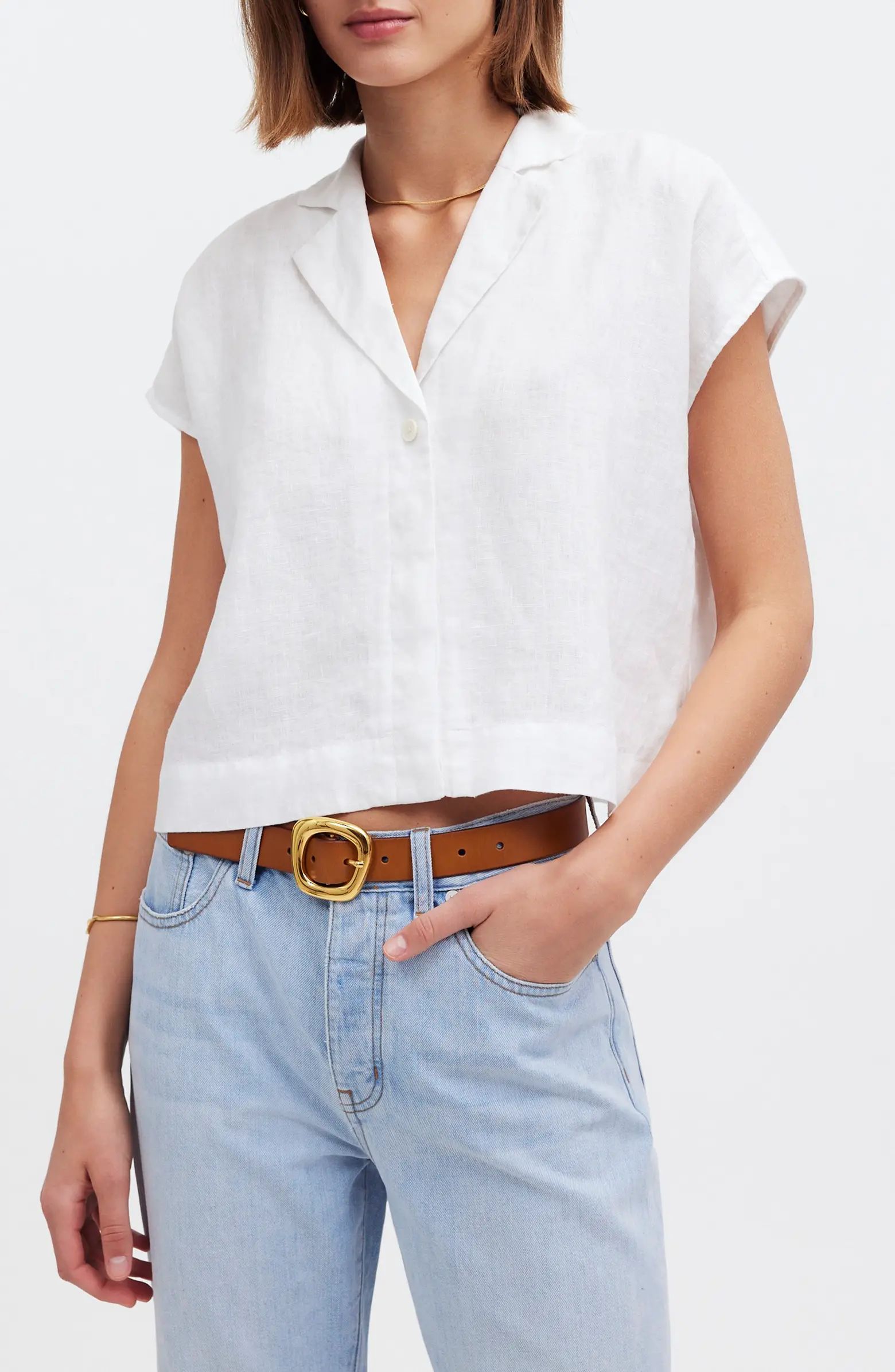 Boxy Cap Sleeve Linen Button-Up Shirt | Nordstrom