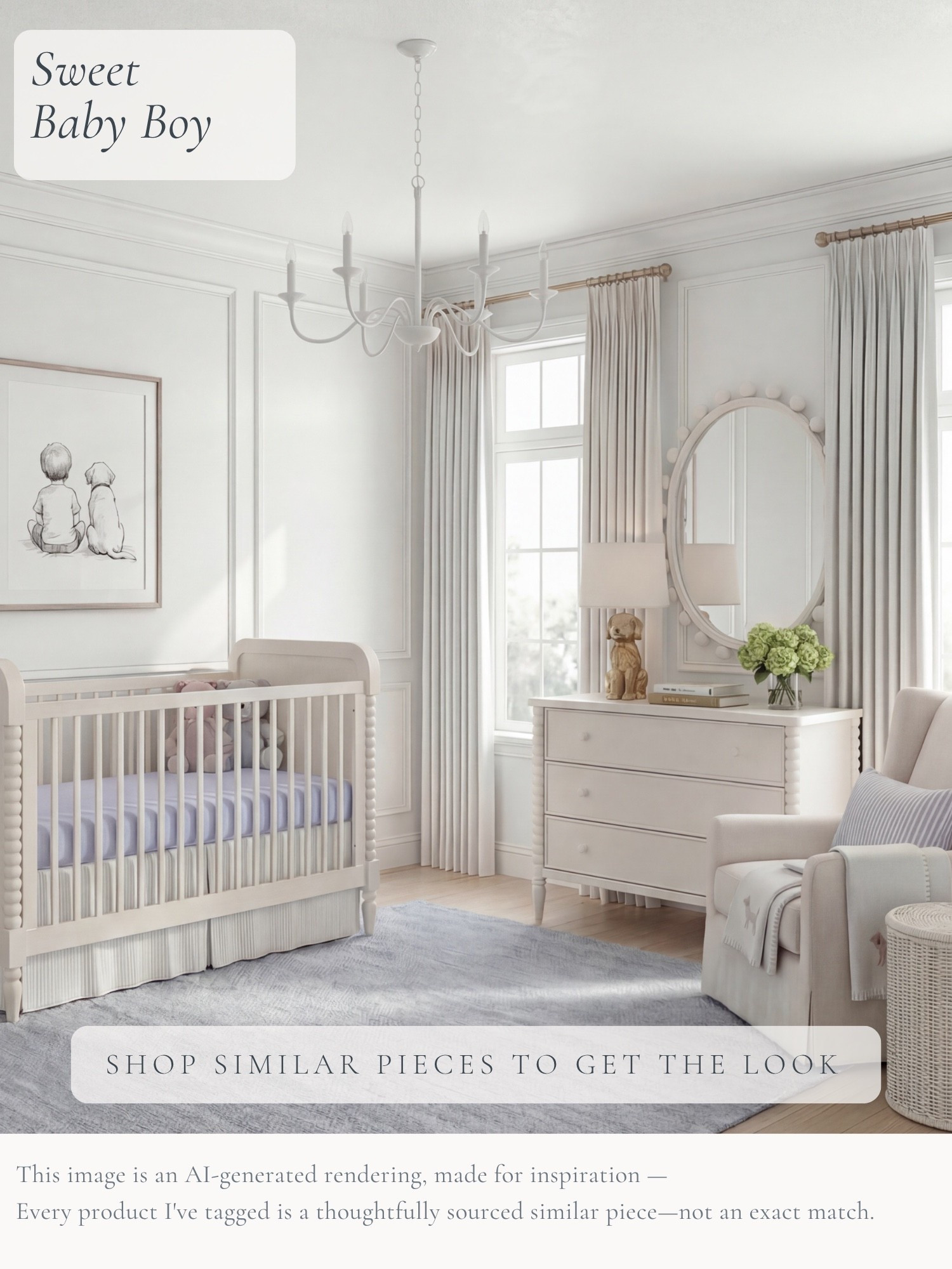 Sweet Baby Boy 🤍 Soft blue, warm white, and just enough sweetness without making the whole room feel overly “baby.” I love the mix of classic furniture, full-length drapery, simple panel molding, and those little blue details that can easily grow with him.

I’ve tagged thoughtfully sourced similar pieces to help you get the look at home—from the crib and dresser to the lighting, textiles, and finishing touches.

AI-generated design concept for inspiration • Tagged products are thoughtfully sourced similar pieces, not exact matches • Affiliate links may be used. As an Amazon Associate, I earn from qualifying purchases.