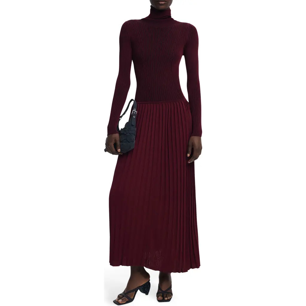 Desigual Long Sleeve Pleat Turtleneck Maxi Dress in Dark Red at Nordstrom, Size X-Large | Nordstrom