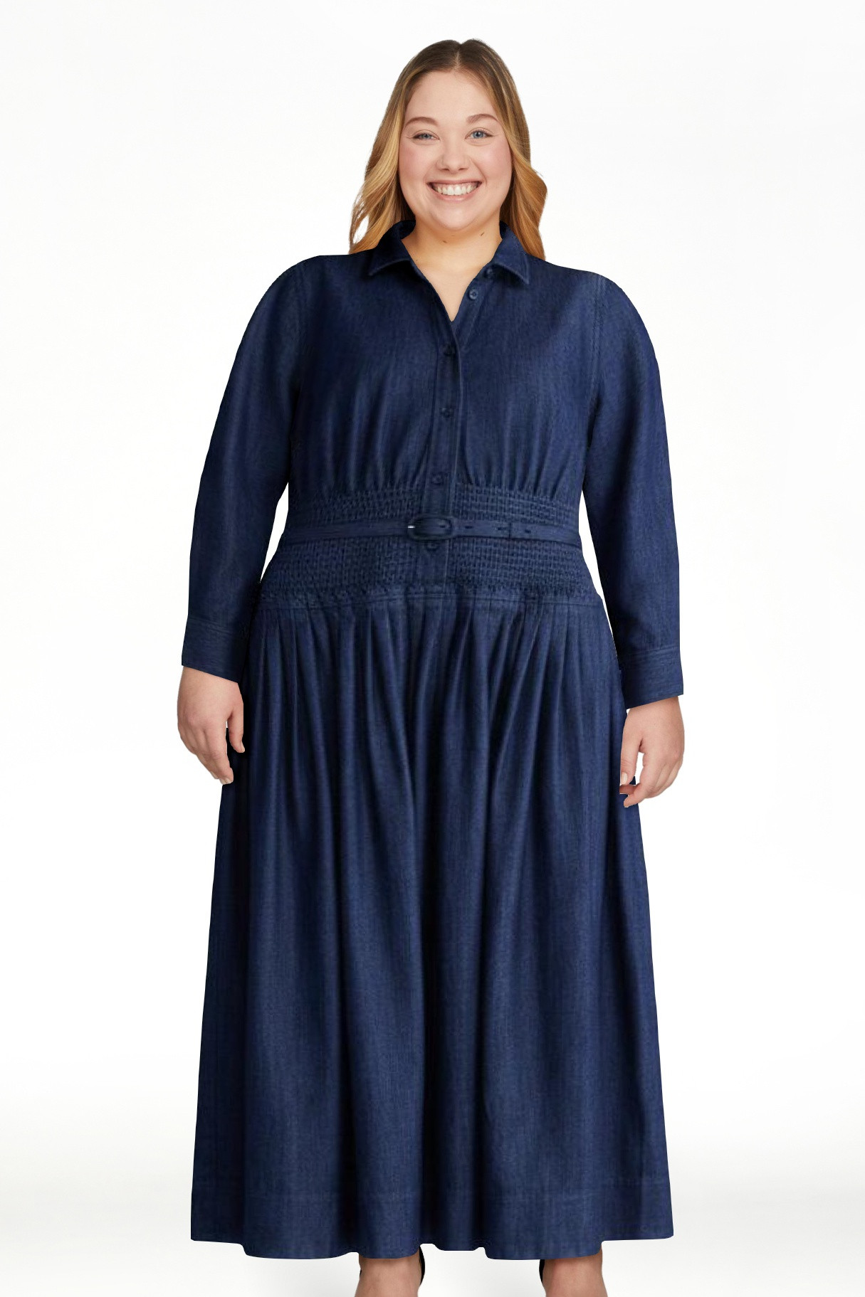 Free Assembly Women's Belted Smocked Waist Denim Midi Shirtdress, Sizes XS-XXL | Walmart (US)