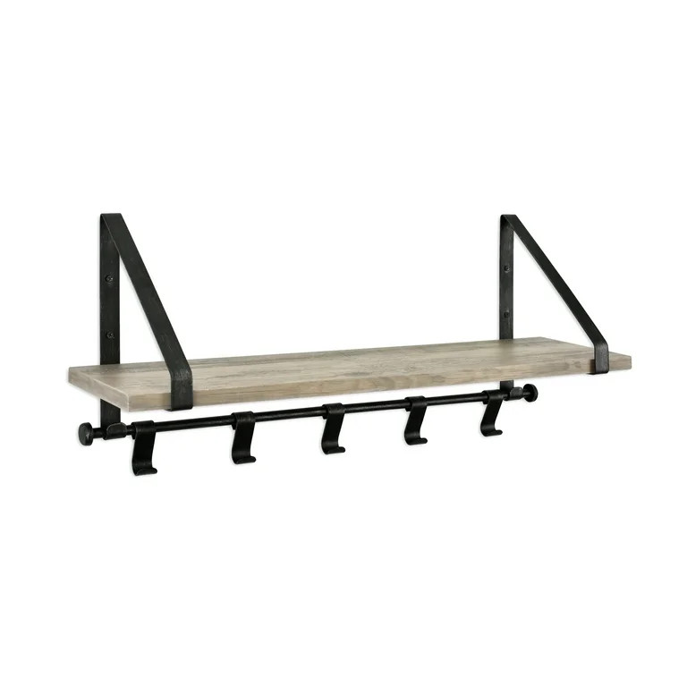 Better Homes & Gardens 23" Rustic Gray Single Wood Shelf with Black Metal Brackets & Hooks | Walmart (US)