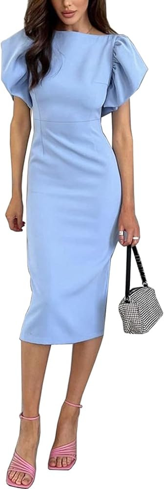 zi cheng Women's Basic Bodycon Ruffle Flared Short Sleeve Pencil Midi Dress | Amazon (US)