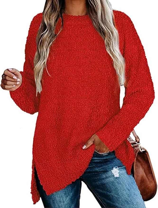 Qearal Women's Long Sleeve Fuzzy Knitted Sweater Popcorn Side Split Loose Pullover Tops | Amazon (US)