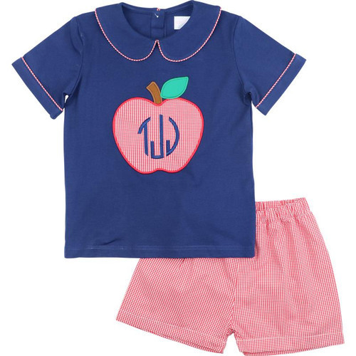 Navy And Red Gingham Applique Apple Short Set | Cecil and Lou