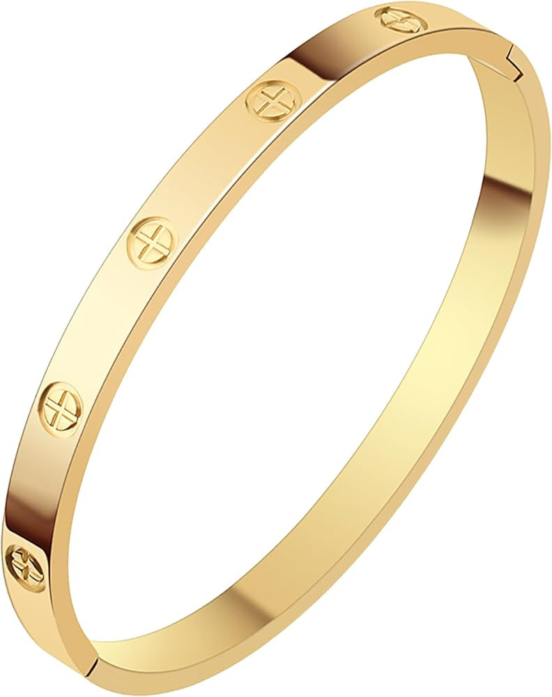 Hinge Bangle Bracelet Stainless Steel 18K Gold Plated with Love 5A Grade Cubic Zirconia, Friendsh... | Amazon (US)