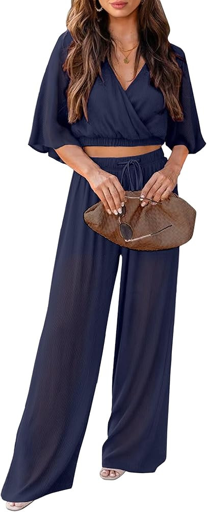 luvamia 2 Piece Outfits for Women Summer 2024 Faux Wrap Crop Top Elastic High Waist... | Amazon (US)
