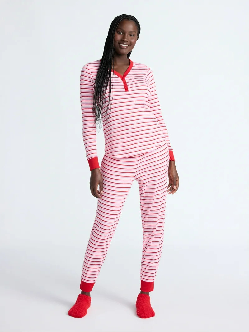 Joyspun Women's Waffle Knit Henley Sleep Top, Joggers and Socks Pajama Set, 3-Piece, Sizes XS-3X | Walmart (US)