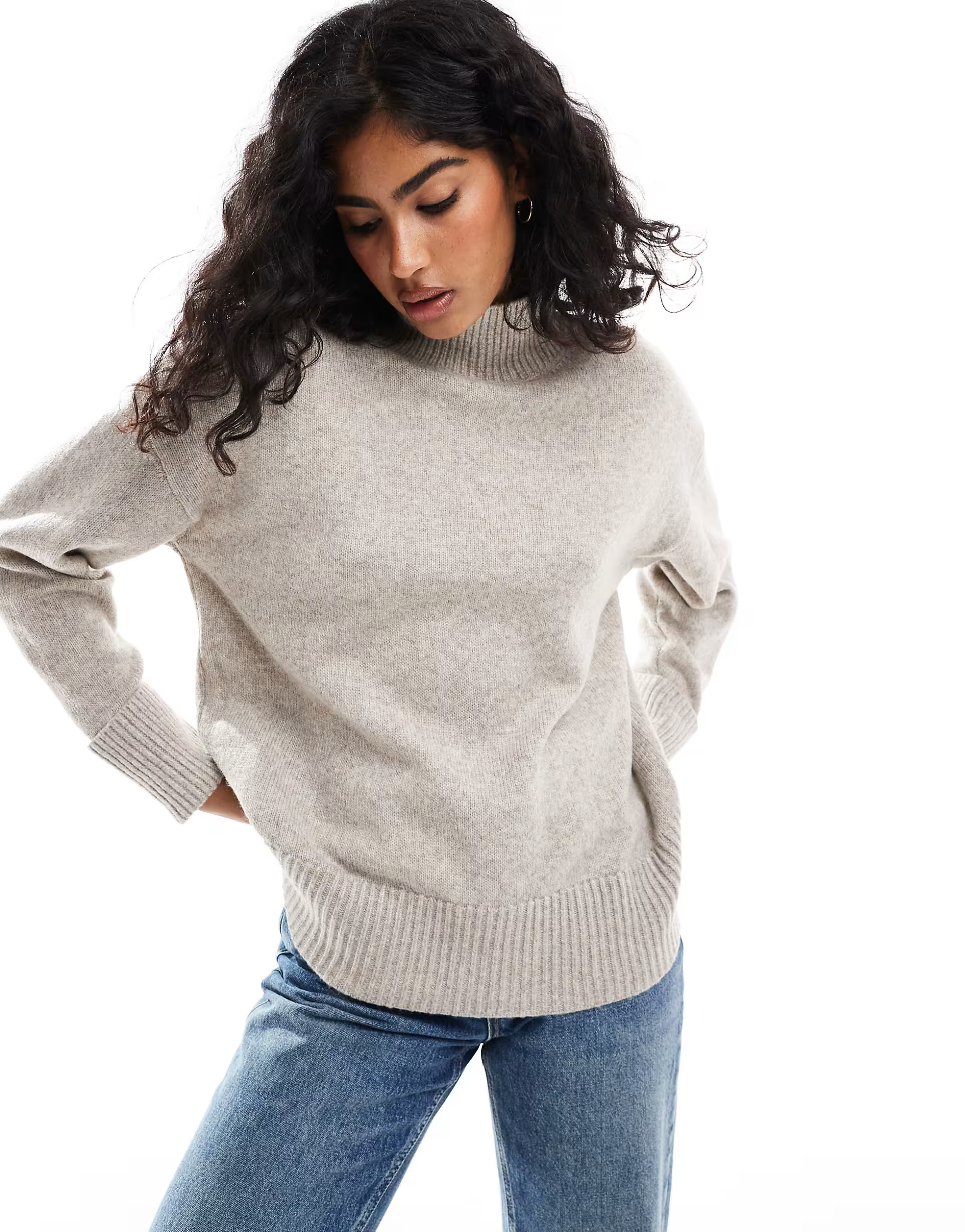 ASOS DESIGN knitted high neck sweater with turn back cuffs in mocha | ASOS (Global)
