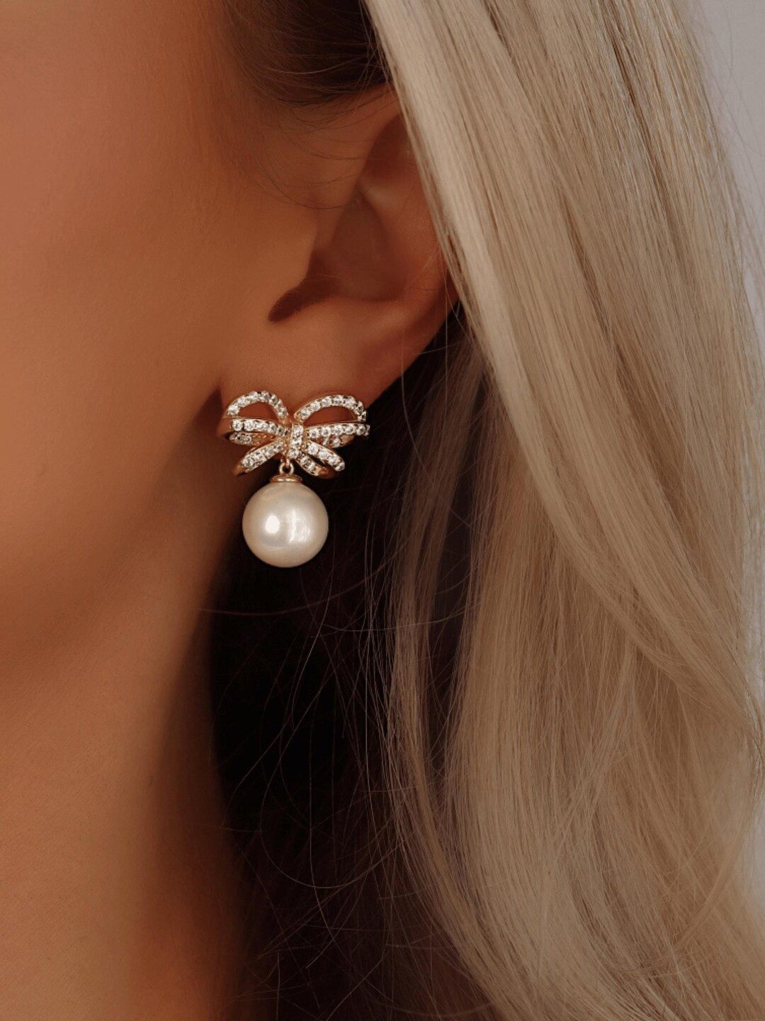 MEREDITH Bow Sparkly Pearl Earrings 14K Gold Plated CZ - Etsy UK | Etsy (US)
