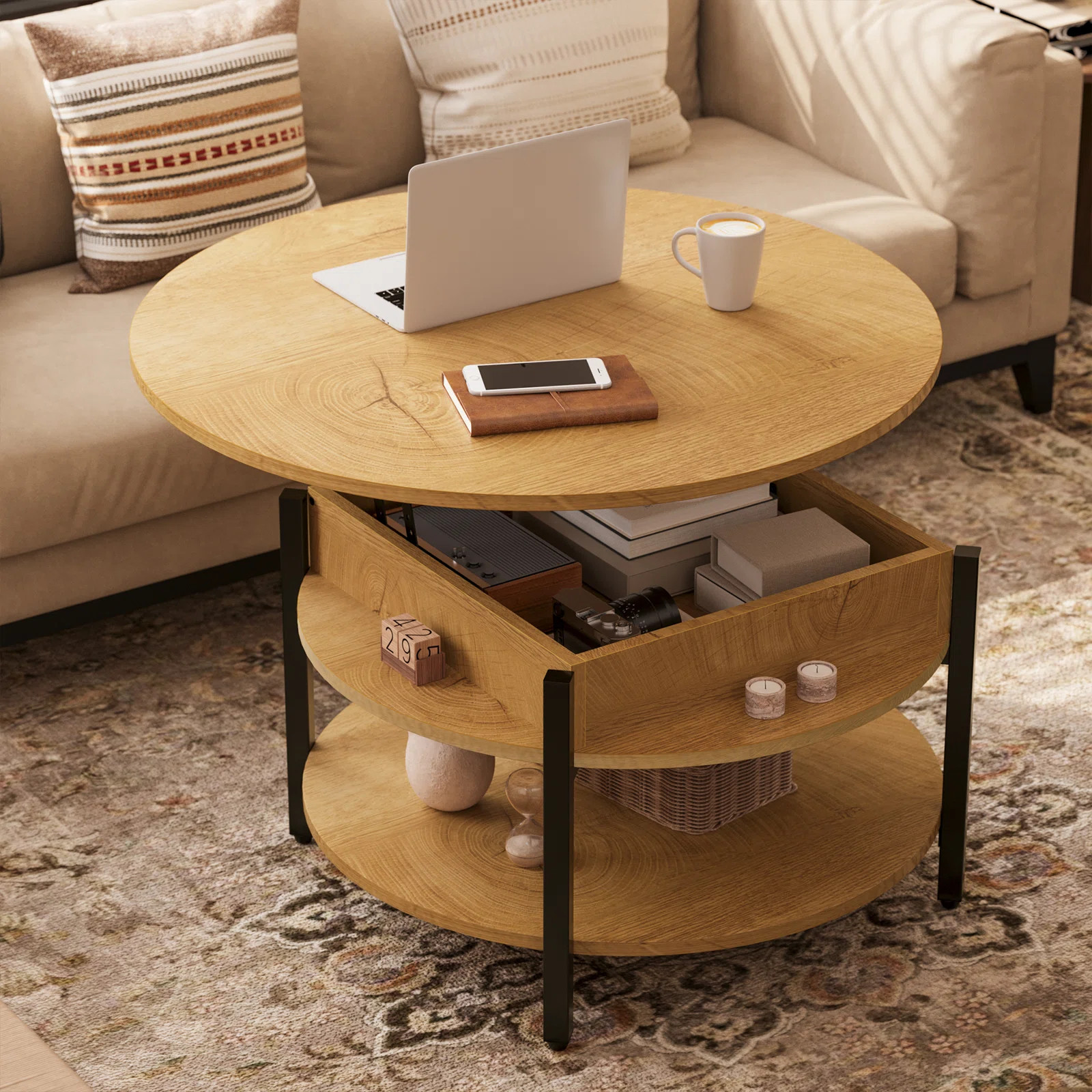 Wynny 27"W Round Lift-Top Wood Coffee Table with Storage | Wayfair North America