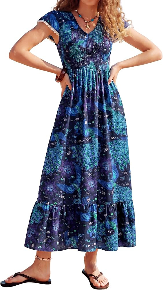 Kate Kasin Women Summer Floral Maxi Dresses 2026, V Neck Smocked Boho Sundress, Flowy Long Beach ... | Amazon (US)