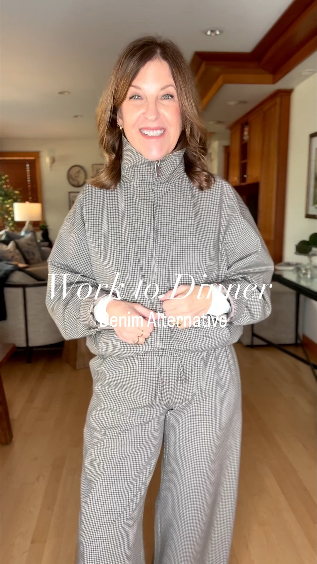 Sporty work-to-dinner outfit. 

I always like to have a casual-chic denim alternative on hand for when I don’t want to wear jeans. 

These are new pre-spring items from Aritzia, a new brand I’m trying. I love the jacket style and its high collar. It fits well and is really comfortable—pieces you can wear into spring. The check print is fun and unique, but both pieces are also available in BLACK. And if you want to wear jeans, the jacket is a perfect addition. 

Do you like it as a set, or would you prefer adding a black or navy pair of pants? 


The jacket fits true to size. I’m wearing an extra small. The sleeves are a little long, but easy to roll up or have altered. I wear a size 2 in pants, and I’m wearing a size small in these drawstring pants.  

#LTKootd #LTKOver40 #LTKgrwm