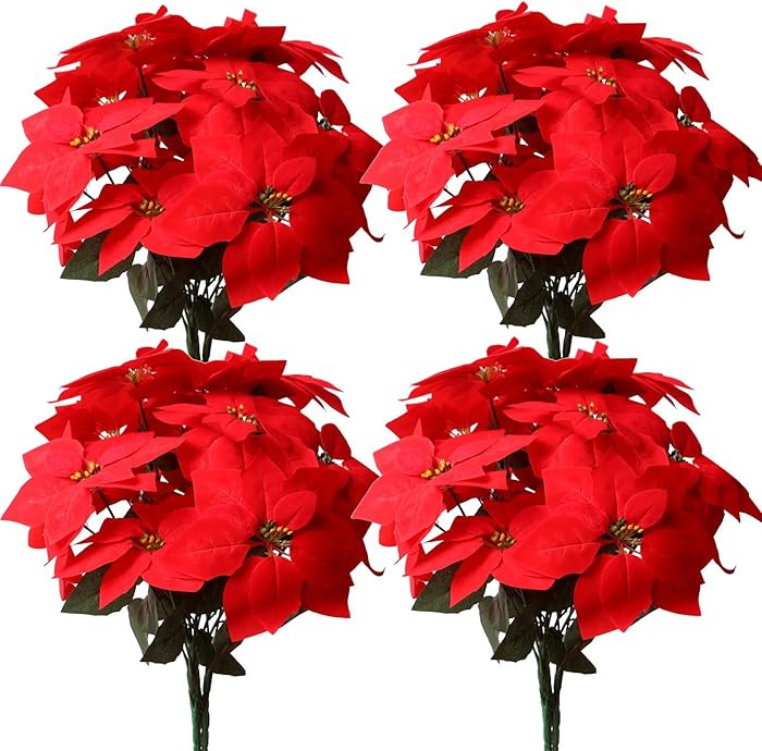 8 Pack Bulk Christmas Artificial Poinsettia Flowers Stem Bouquets Outdoors with 40pcs 8.2 Inch Re... | Amazon (US)