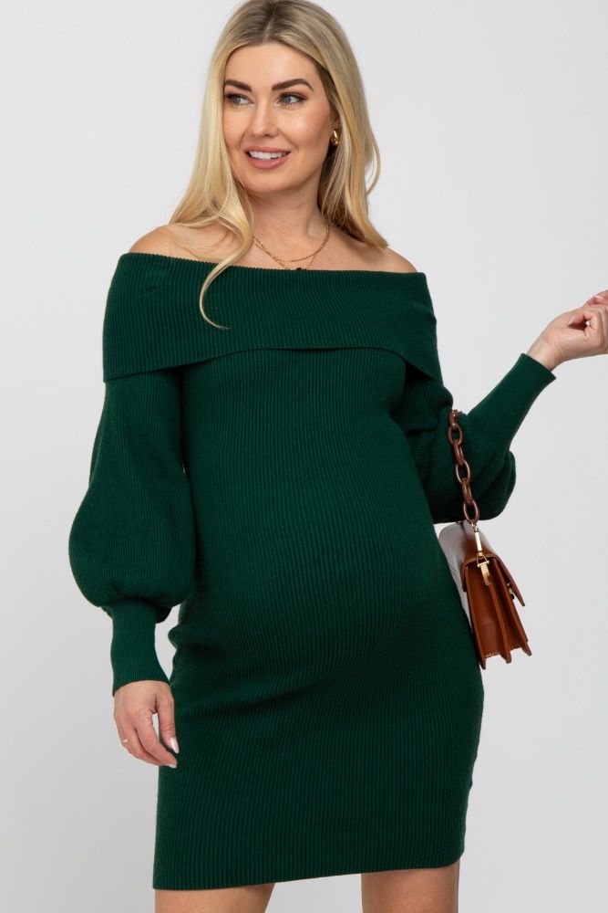 Forest Green Off Shoulder Bubble Sleeve Maternity Sweater Dress | PinkBlush Maternity