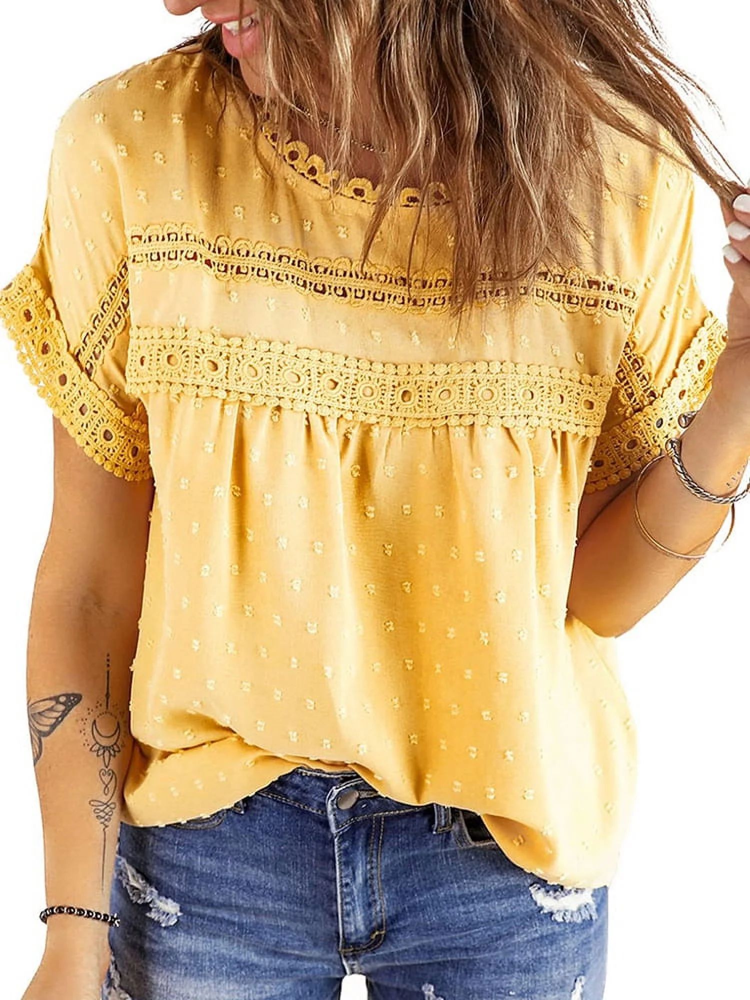 UVN Summer Womens Blouse Shirts Crewneck Lace Crochet Tops Short Sleeve Shirts Casual Chiffon Blo... | Walmart (US)