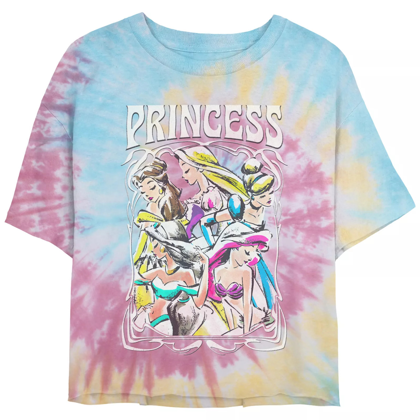 Disney's Belle, Rapunzel, Cinderella, Jasmine & Ariel Princess Profile Portrait Juniors' Cropped Tie Dye Graphic Tee, Women's, Size: Medium, Blue Pink Light Yellow | Kohl's