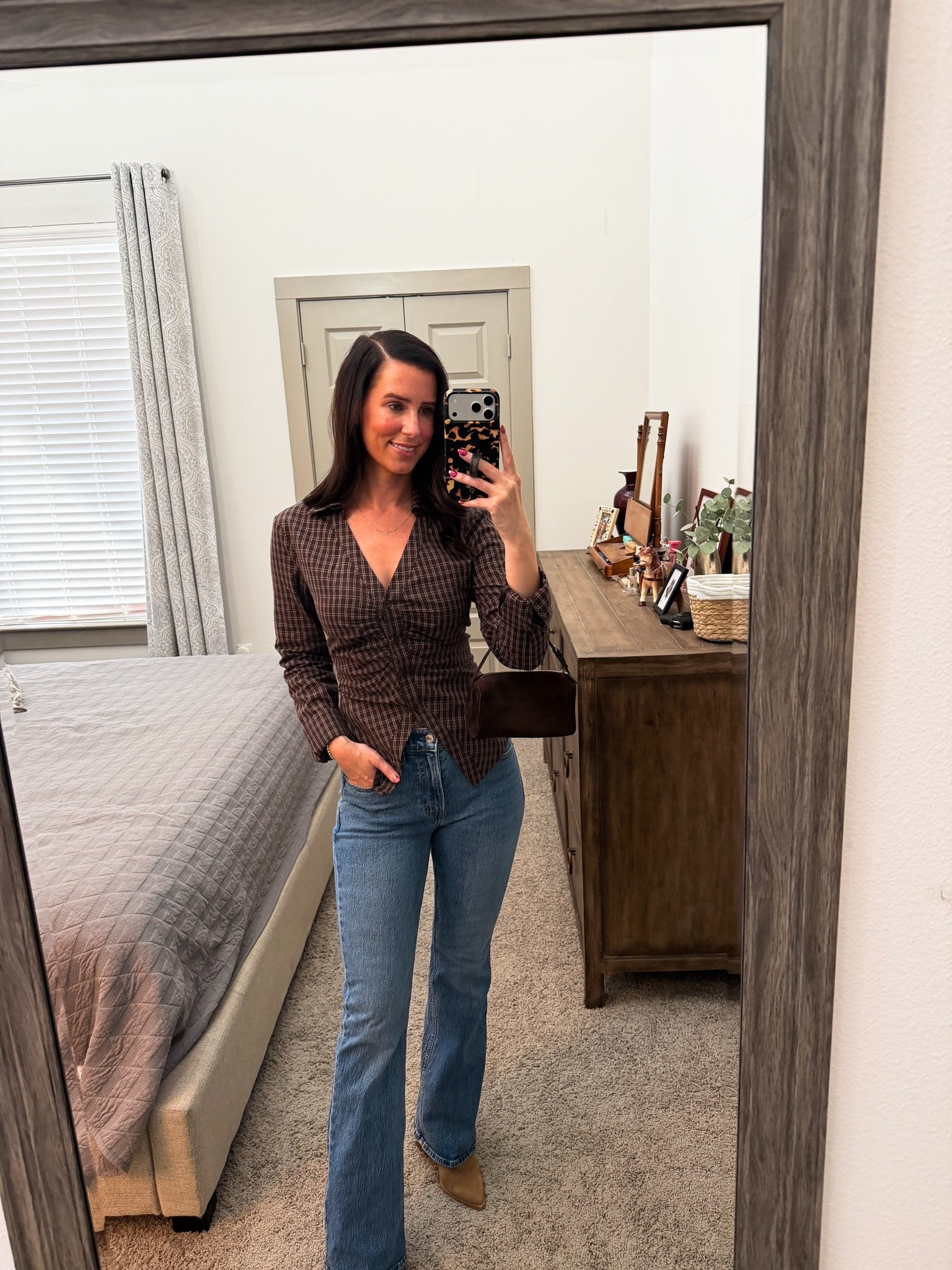 Revolve top // plaid button down // Abercrombie jeans // fall ootd // boots for fall // under $100