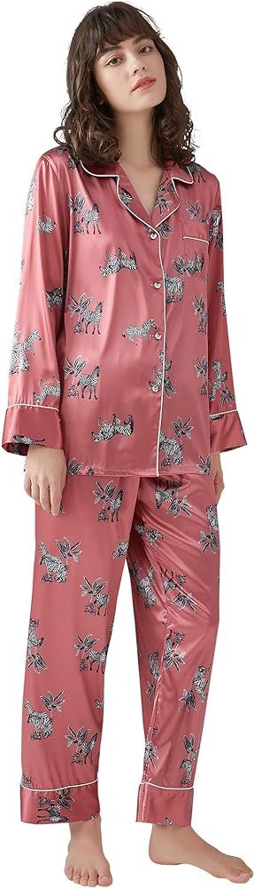 Belle Heure Women’s Silk Satin Classic Long Sleeve Pajamas Button Down Silky Floral Animals Pat... | Amazon (US)