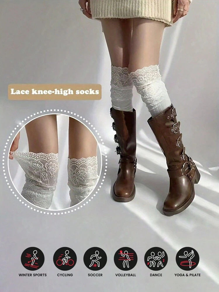 2 Pairs Lace Over The Knee Socks: Women's Stockings And Sock Boots - Polyester Blend, Lace Trim, ... | SHEIN