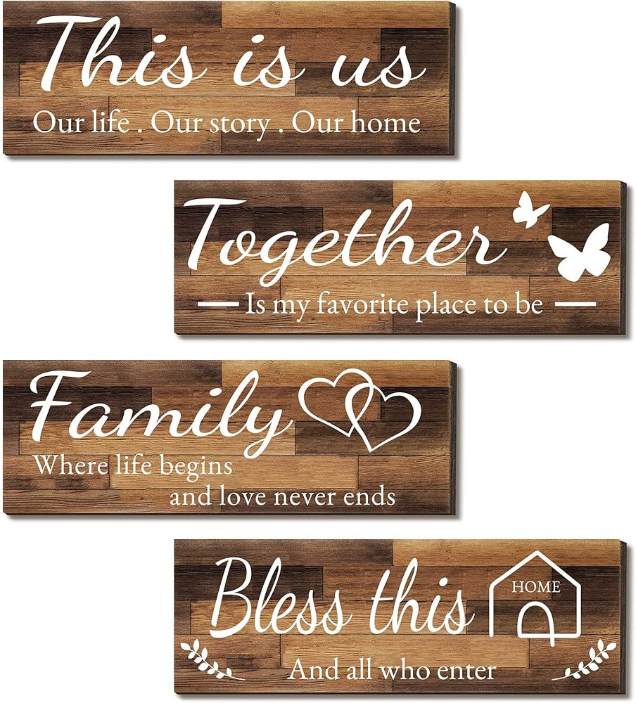 4 Pieces Home Wall Signs, THIS IS US/TOGETHER/BLESS THIS HOME/FAMILY Wall Decor For Living Room B... | Amazon (US)