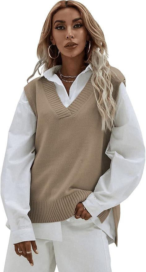 SweatyRocks Women's Sleeveless V Neck Ribbed Knit Split Pullover Sweater Vest | Amazon (US)
