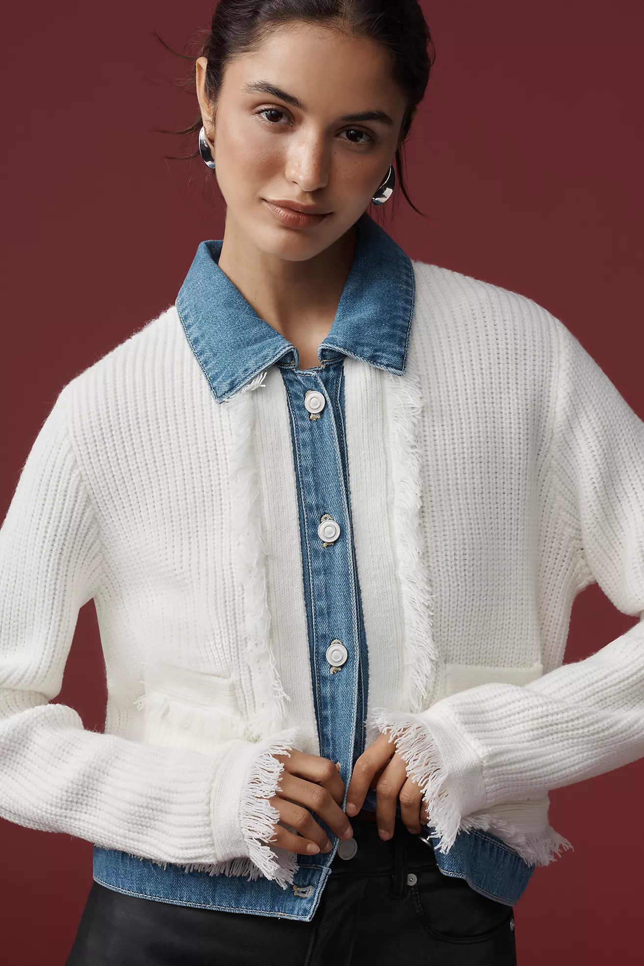 NVLT Denim-Collared Cardigan Sweater | Anthropologie (US)