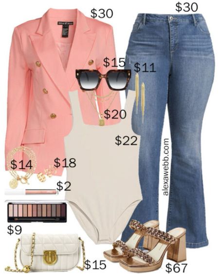 Plus Size on a Budget – Blazer Night Out Outfit - A plus size date night outfit idea with a coral double breasted blazer, flare jeans, nude bodysuit, and gold heeled sandals by Alexa Webb.

#LTKStyleTip #LTKFindsUnder50 #LTKPlusSize