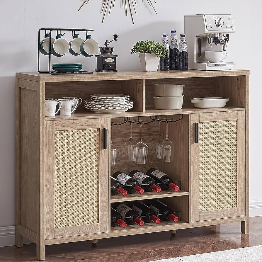 Rattan Sideboard Buffet Cabinet with Storage - Wine Bar Cabinet, Freestanding Liquor Cabinet with... | Amazon (US)