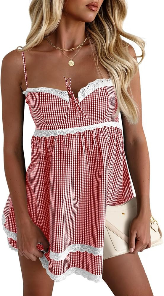 Wenrine Womens Summer Mini Dress Spaghetti Strap Sweetheart Y2K Plaid Lace Trim Tiered Beach Sund... | Amazon (US)