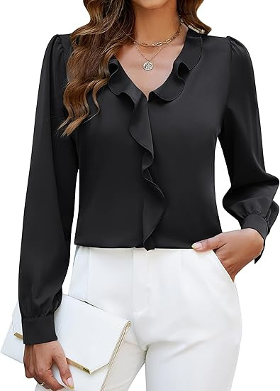 Blooming Jelly Womens Dressy Casual Blouse Business Long Sleeve Tops Ruffle V Neck Work Shirt Fal... | Amazon (US)