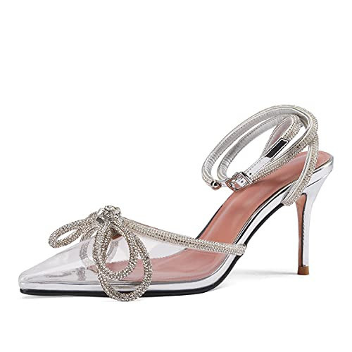 Arqa Rhinestone Bow Heels for Women Pointed Toe Crystal Ankle Strap Slingback Pumps Clear Stiletto High Heel Sandals Wedding Bridal Shoes | Amazon (US)