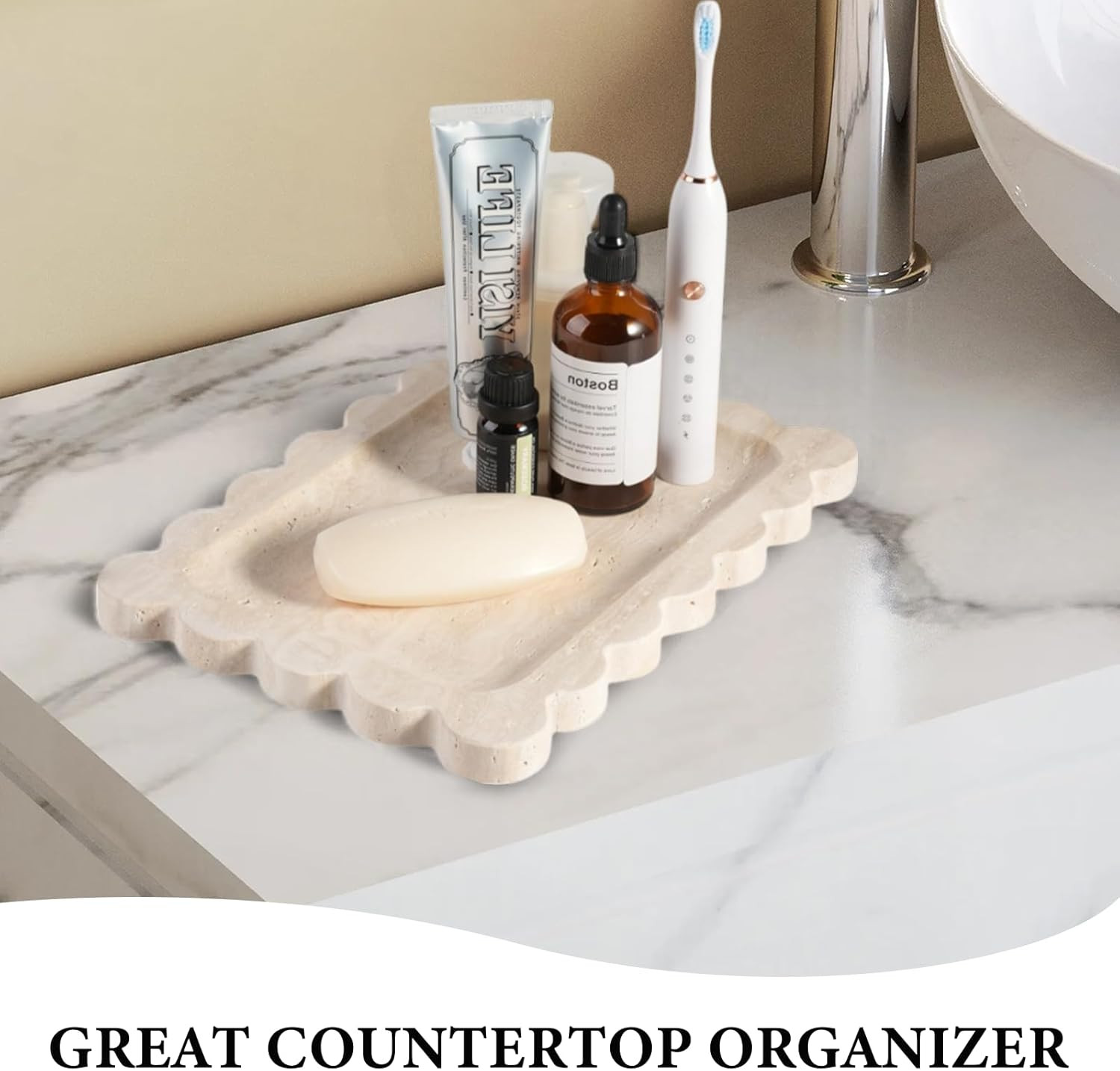 Koville Romano Travertine Vanity Tray, 11"x8" Natural Marble Decorative Scalloped Tray for Jewelr... | Amazon (US)