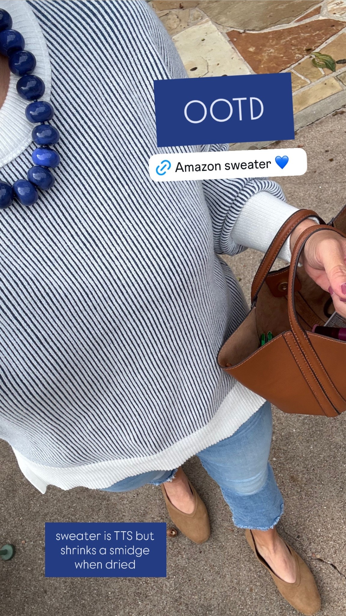 Sweater TTS but go up for more room - will shrink a tad when washed and dried. For flats, go down 1/2 size. Jeans TTS. Purse is Zara but linked similar.  

#LTKFindsUnder100 #LTKFindsUnder50