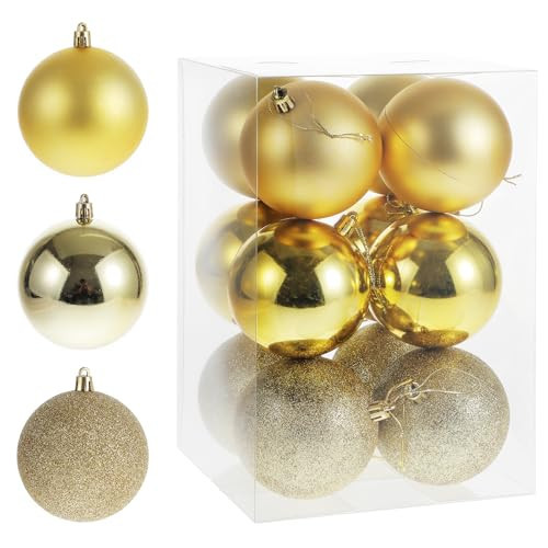HUMDMTHUT Gold 3.2" Christmas Ball Ornaments，Pre-Strung Christmas Tree Decorations，Holiday Hanging Balls-3 Style Shatterproof Plastic Christmas Ornaments Set of 12pcs (Gold, Large) | Amazon (US)