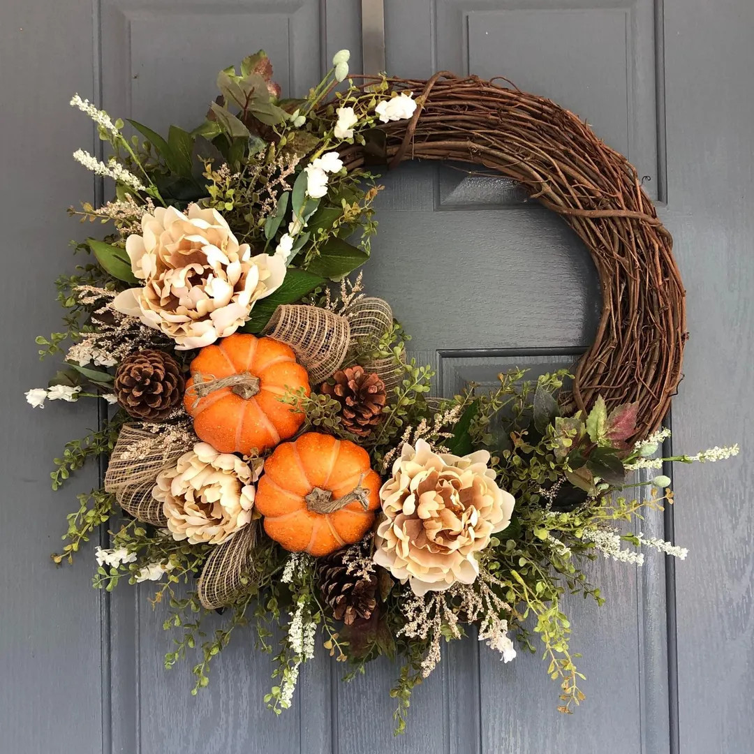 Fall Farmhouse Pumpkin Wreath, Fall Wreaths for Front Door, Peony Wreath, Front Door Wreath - Ets... | Etsy (US)