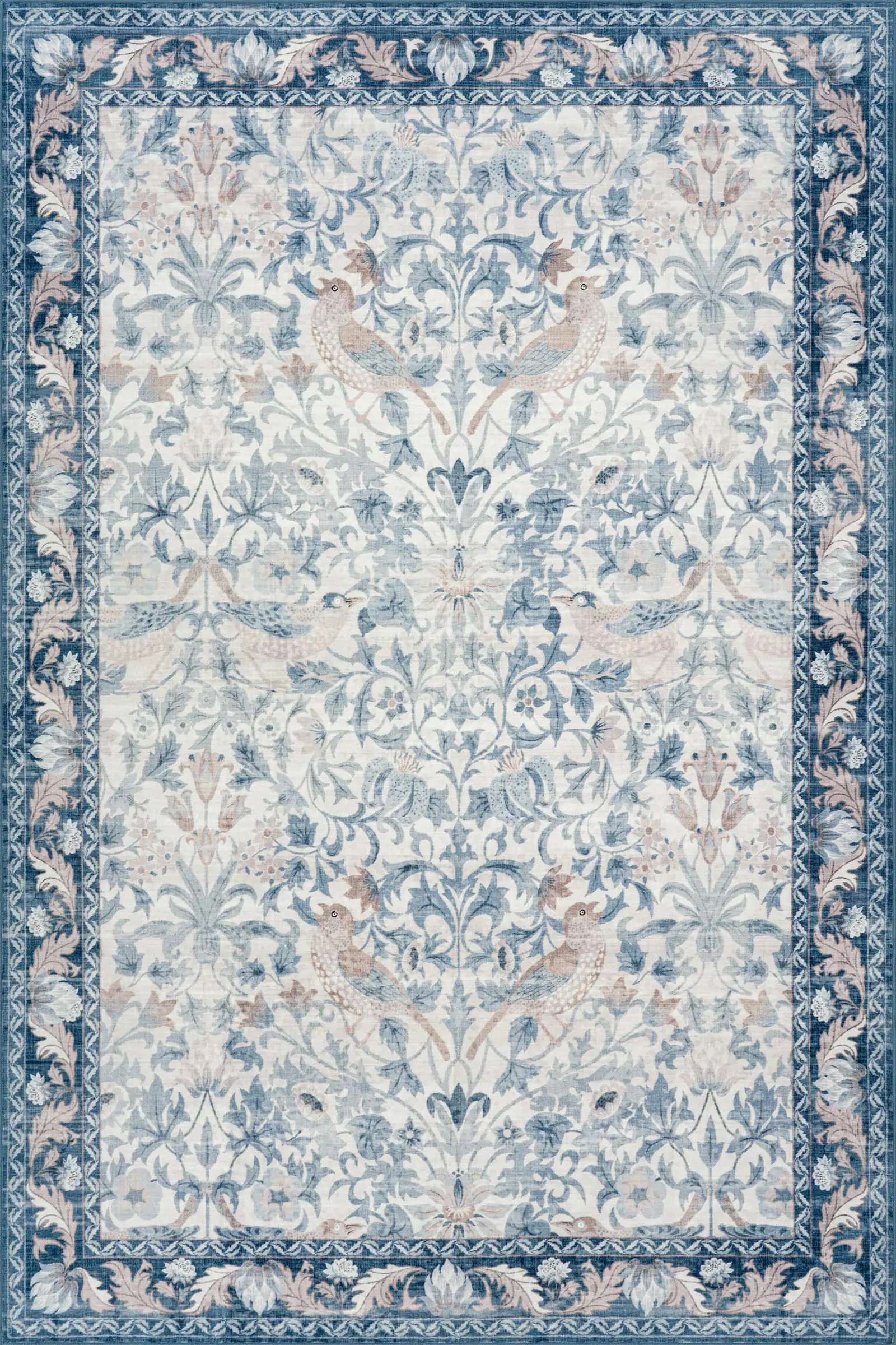 Mauri Bordered Floral and Paisley Washable Rug | Blue | Rugs USA