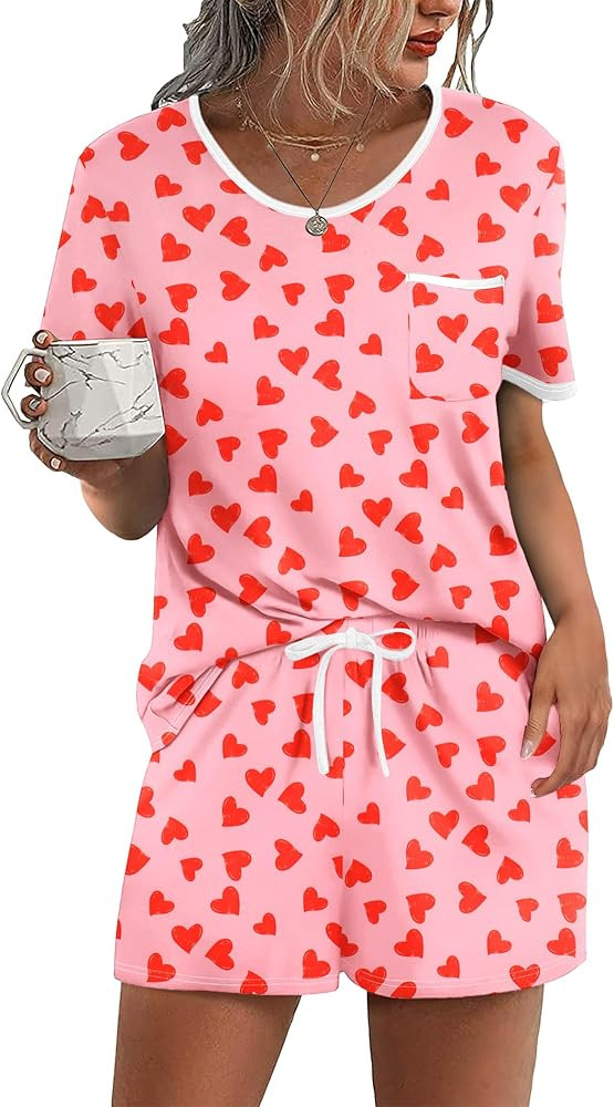 Ekouaer Pajama Set for Women 2 Piece Lounge Set Short Sleeve Tops and Shorts Soft Sleepwear, Ches... | Amazon (US)
