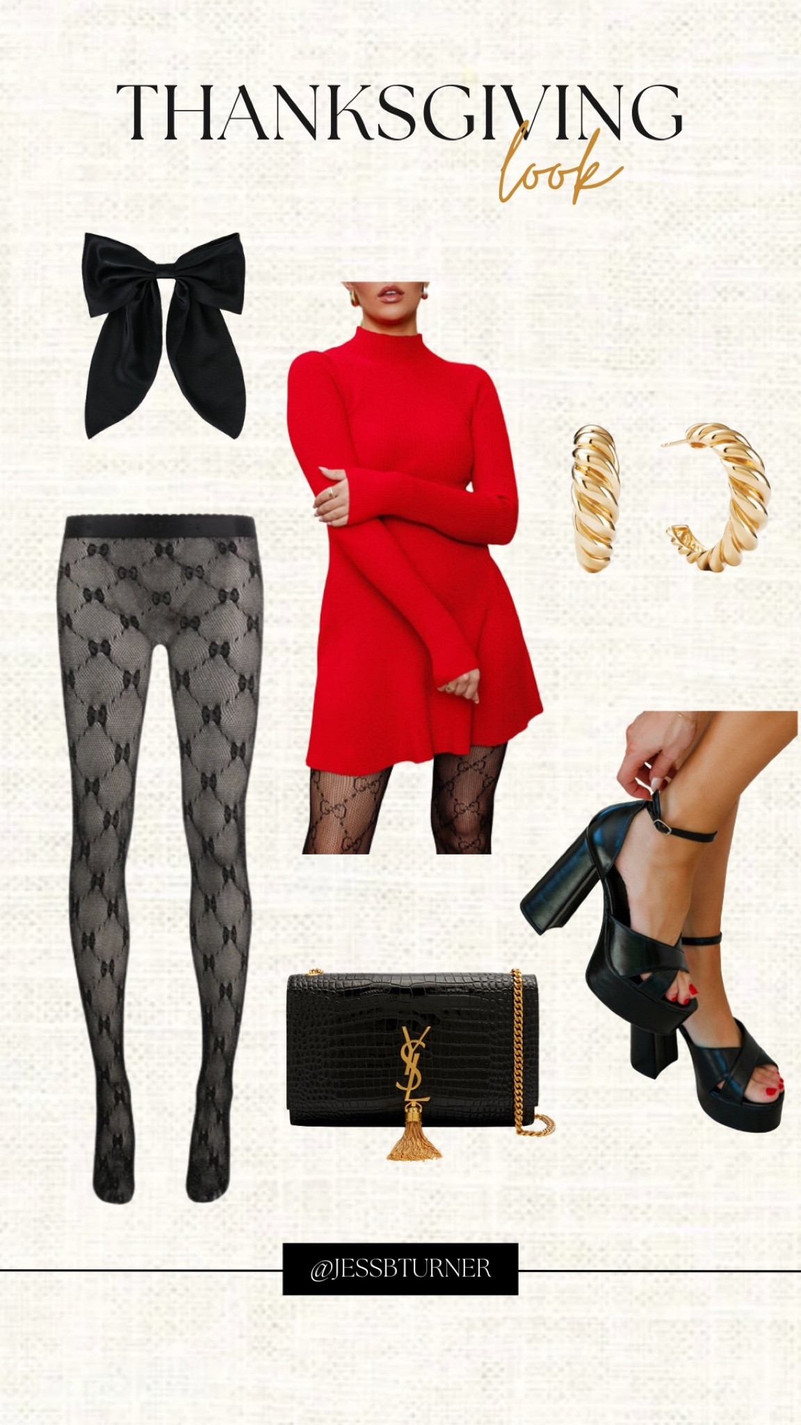 Hair bow
Red skater sweater dress
Mini gold hoop earrings
Black platform heels
YSL purse
Gucci knit tights 

#LTKHoliday #LTKitbag #LTKparties