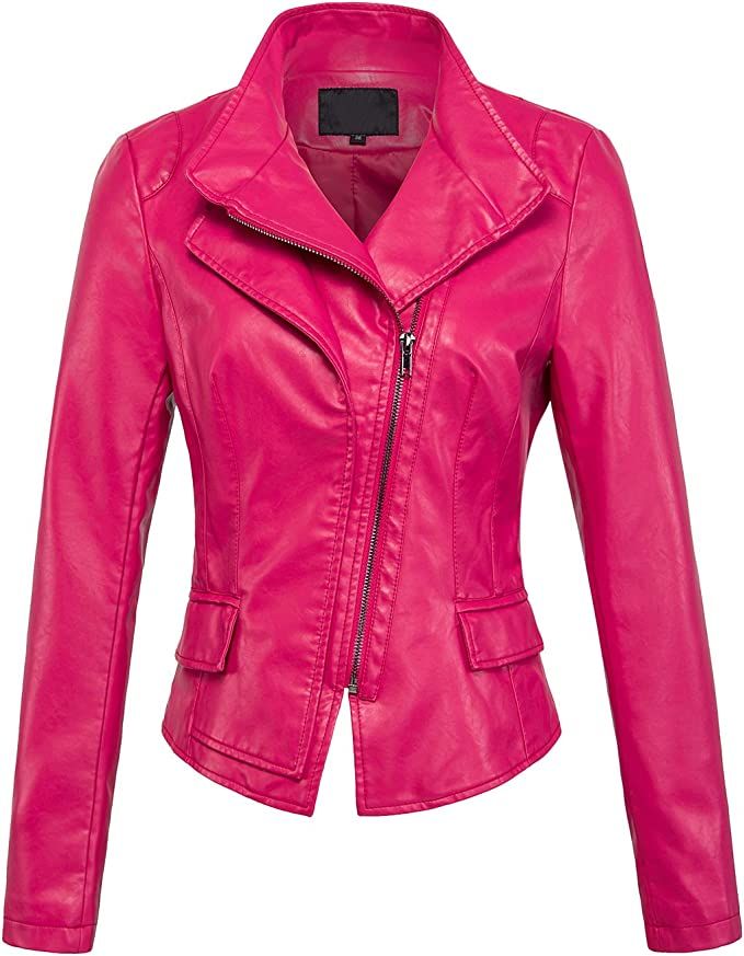 chouyatou Women's Stylish Oblique Zip Slim Faux Leather Biker Outerwear Jacket | Amazon (US)