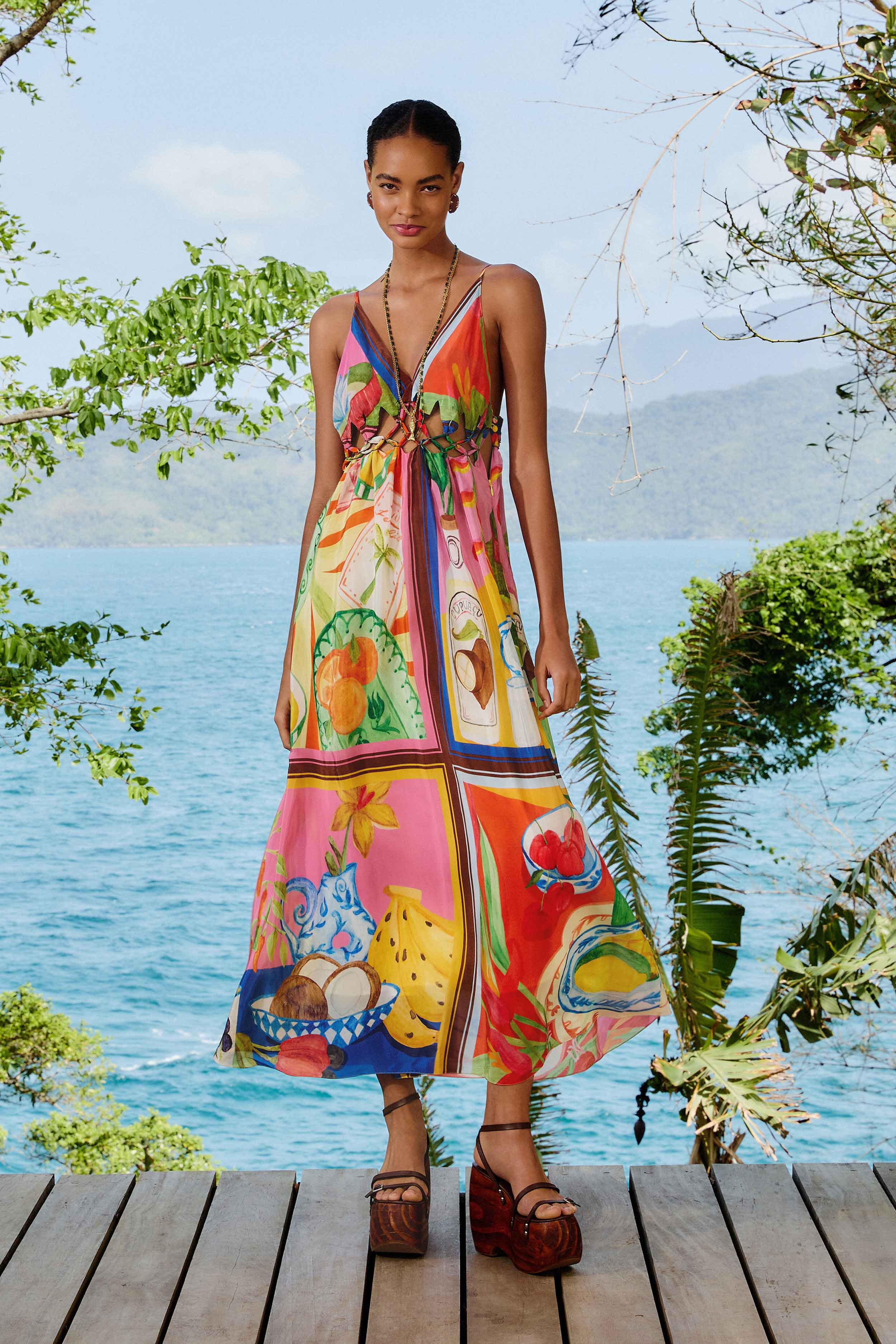 Multicolor Summer Picnic Macrame Yoke Maxi Dress | Farm Rio UK