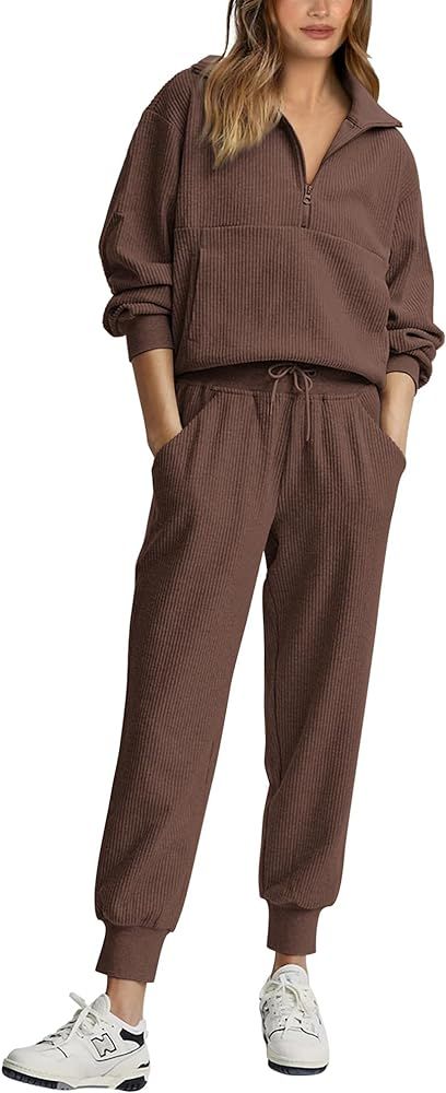 BTFBM Women's 2 Piece Tracksuit Fall Outfits 2023 Long Sleeve Half Zip Sweatshirt Sweatpants Loun... | Amazon (US)