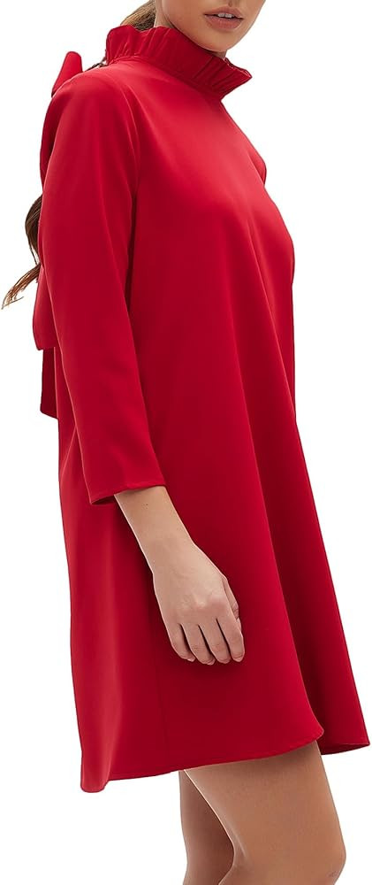 Kedera Women's Fall Bow Tie Dress Casual Mini Dress Ruffle Mock Neck Long Sleeve Dress Swing Eleg... | Amazon (US)