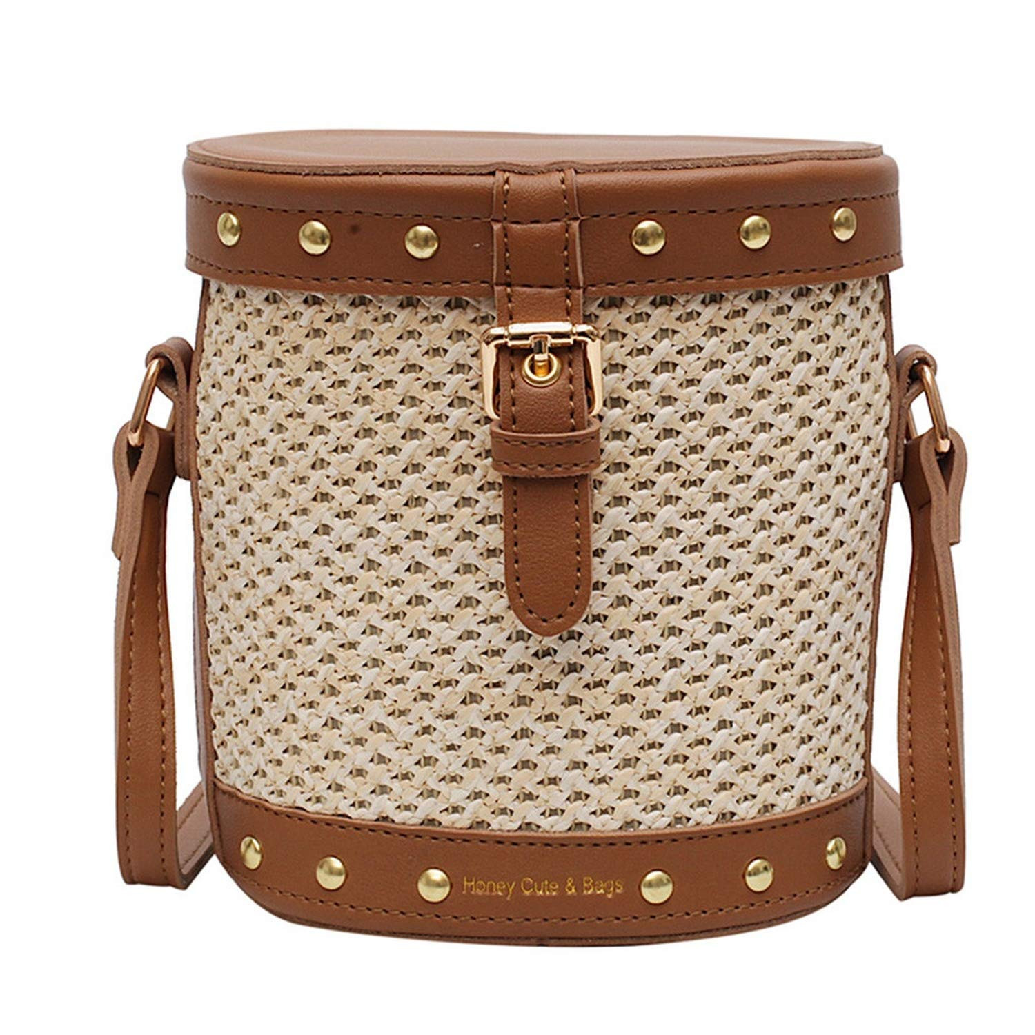 Women Summer Rattan Bag Rivet crossbody bag Bucket Bag Handmade Woven Bucket | Amazon (US)