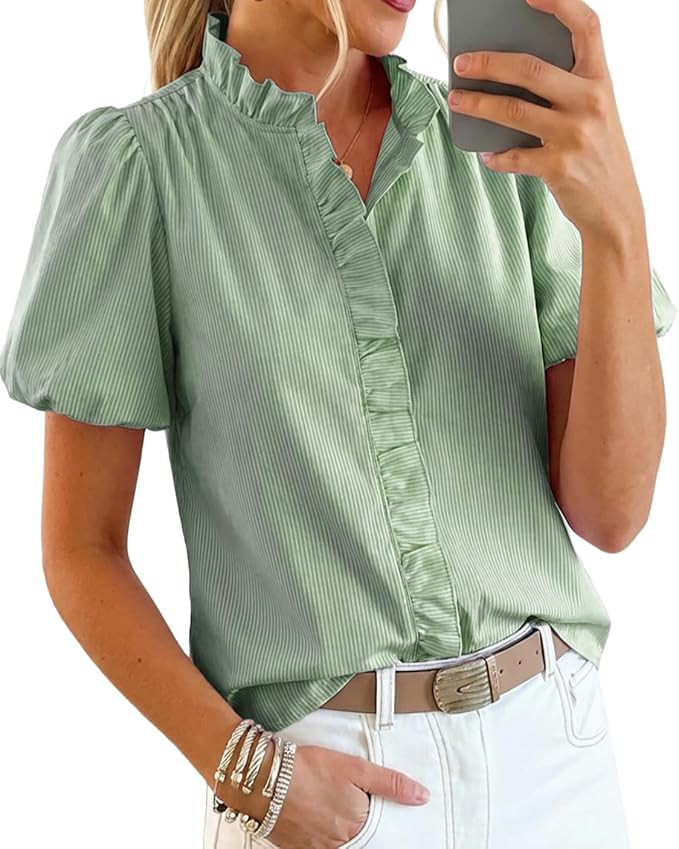 peasssa Womens Short Puff Sleeve Button Down Shirts Striped Ruffle Stand Collar Blouse Business C... | Amazon (US)