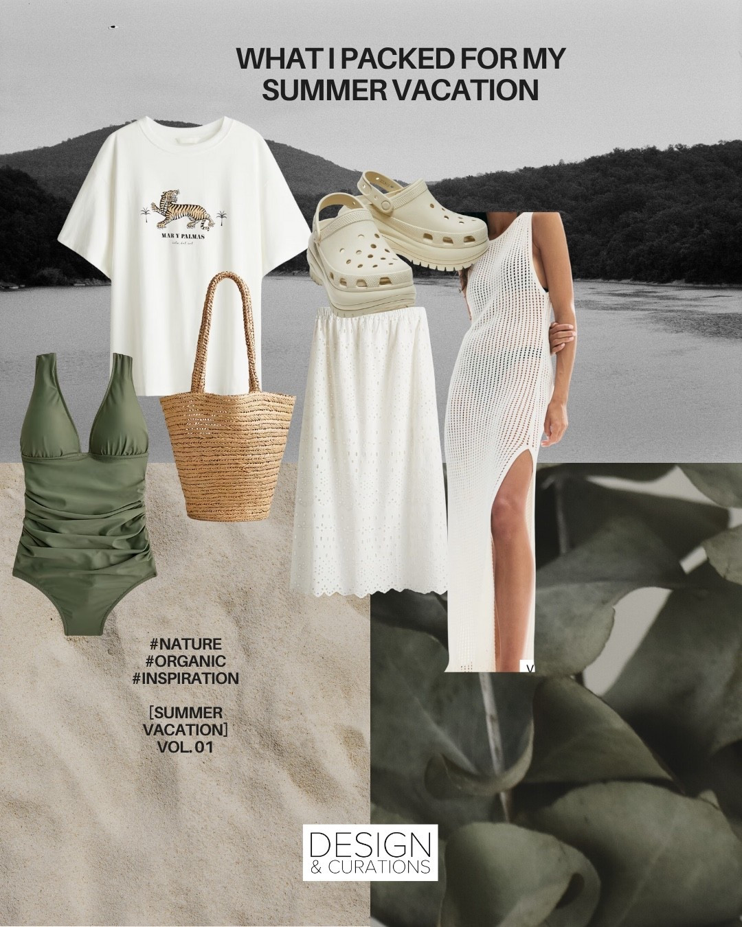 Summer luggage. Summer beach holiday vacation clothes. Cover-up dress, crocs, swim suit