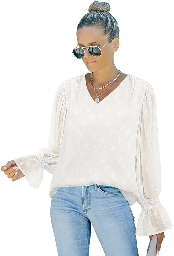 Vetinee Womens Long Sleeve Blouse Lace Shirt Chiffon Blouses Ruffle Sleeve Tops | Amazon (US)